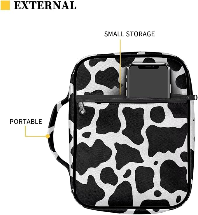 Suobstales Cow Print Bible Cover Carrying Book Case for Women Girls Black White Animal Pattern Bible Bag Bible Protective with Handle and Zippered Pocket