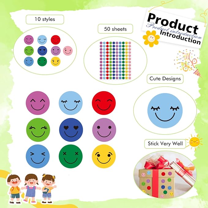 6000 Pcs Happy Smiley Face Stickers for Kids Reward,0.4 inch 10 Colors Mini Round Colorful Reward Labels,10 Styles Happy Face Stickers for School Reward Behavior Chart Students Teacher Supplies
