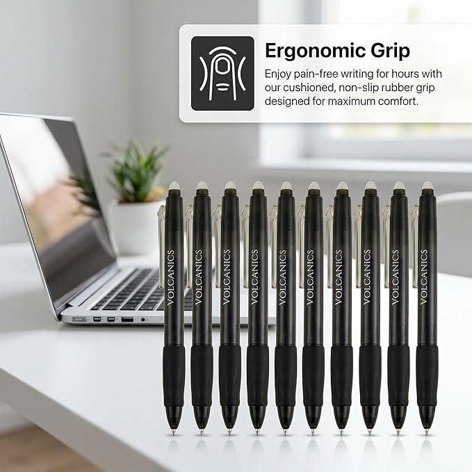 Volcanics Retractable Erasable Gel Pens Soft Black 12 Pack, 0.7mm Click Erasable Gel Ink Pens for Smooth Writing & Easy Erasing, Refillable Erasable Click Pens for School Office Supplies