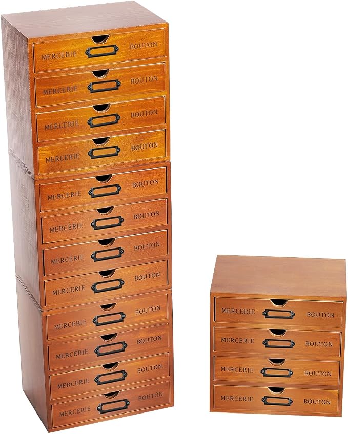 Vintage Drawer Wooden Drawers Organizer, Stackable Tiered Set of 4 Store Desktop Cabinets, 16-Drawer Desktop Organizer With Drawers, Metal Label Holder for Files Letters Herbs, Apothecary Cabinet