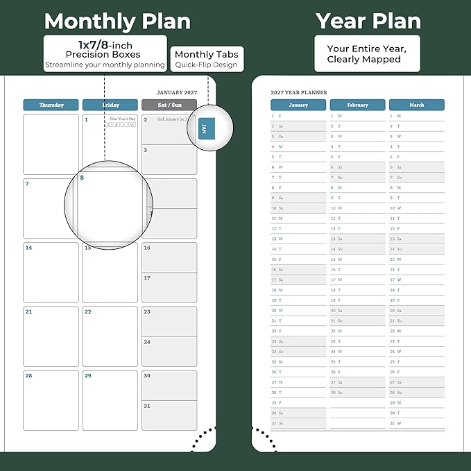 Weekly Monthly 2026-2027 Planner (July 26-Dec 27),6.5"x3.75",18 Months Agenda Plan with Month Tabs & Pocket,Expenses/Note Pages, Academic Calendar with Vegan Leather Cover,Green