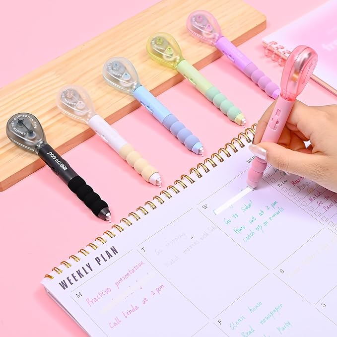 Temiary 4 Pcs White Correction Tape Pen, 19.69 ft Smooth Pull Out Tape Pens, Instantly Dry, Easy to Use Applicator for School Office Supplies (Black)