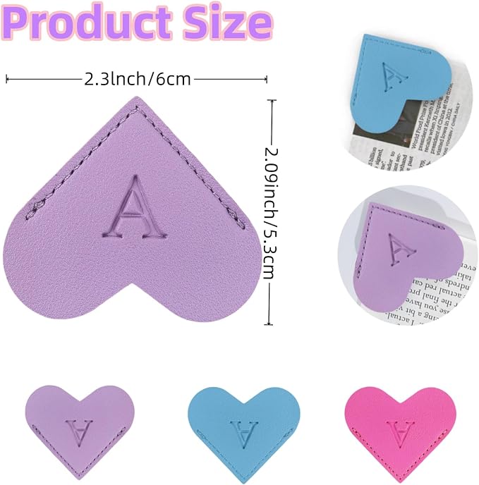 MOTEERLLU Personalized Leather Heart Bookmark with Initials, Handmade, Letter Cute Custom Corner Book Marks for Reading Women, Teachers, Students, Book Lovers, Book Accessories(Purple,W)