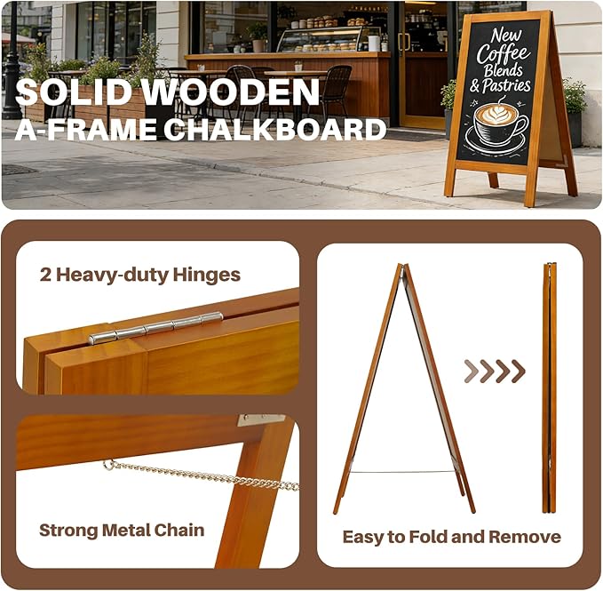 4 THOUGHT A-Frame Double-Sided Magnetic Chalkboard 40"x20", Solid Pine Wood Freestanding Sandwich Board for Restaurants, Cafes, Weddings (Caramel)