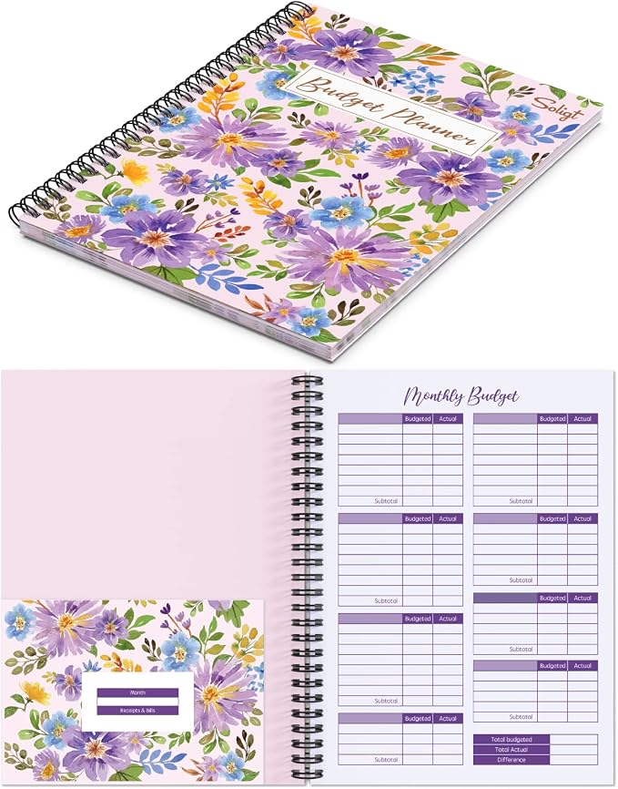 [Undated] Monthly Budget Planner with 12 Bill Pockets for Income, Debt, Saving, Expense and Bill Tracker Organizer, Pink, Floral Design