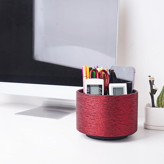 Round Leather Art Supply Organizer,Remote Control Holder,360-degree Rotating Pen Organizer with 4 Compartments(1-Light Tree Red)