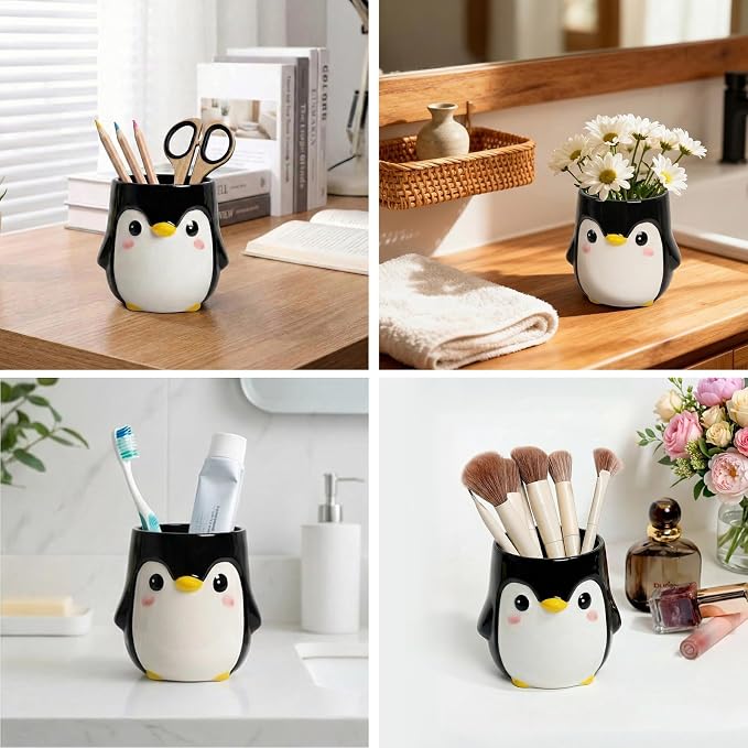 Penguin Pen Holder, Cute Pencil Cup, Ceramic Office Decor，Multifunctional Toothbrush Holder & Makeup Brush Storage, Gift for Couples Coworkers，Male Penguin