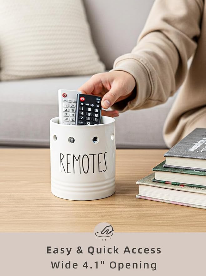 LEETOYI Ceramic Remote Control Holder, 4.9 Inch Remote Caddy Storage, Makeup Brush Holder, Office Supplies, White