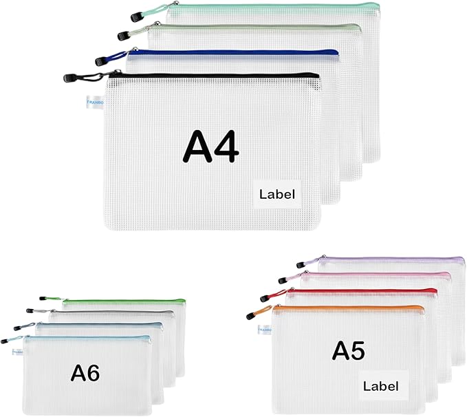 12-Pack 3-Size Mix Mesh Zipper Pouches, Semi‑Clear Letter size/A5/A6 Zip-lock bag with Label Pocket for Documents, School Supplies, Travel and Home Organization