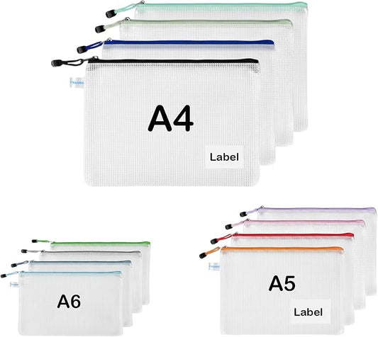 12-Pack 3-Size Mix Mesh Zipper Pouches, Semi‑Clear Letter size/A5/A6 Zip-lock bag with Label Pocket for Documents, School Supplies, Travel and Home Organization