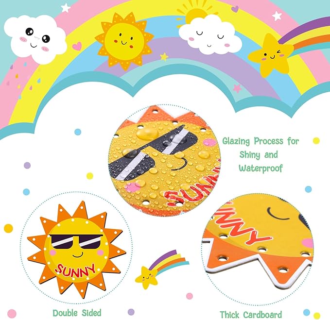 Funrous 10 Pieces Kids Recognition Lacing Cards Thick Cardboard Educational Sewing Cards Double Sided Lacing Playing Games for Children Toddler Preschool Developing Imagination Supplies (Weather)
