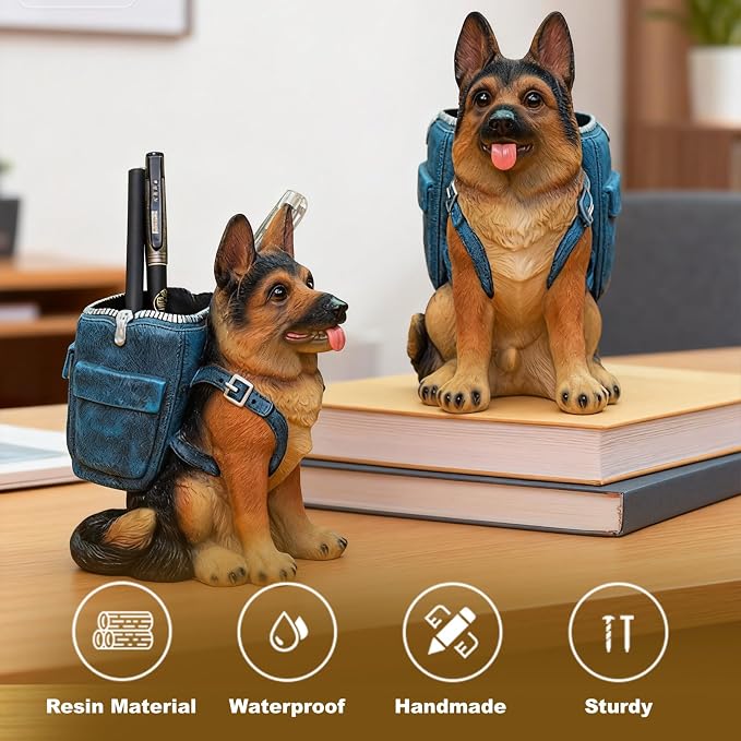Upriver German Shepherd Pen Holder for Desk, Cute Dog Resin Pencil Holder Pen Cup, Unique Desk Decor Accessories for Home Office School, Gifts for Dog Lovers