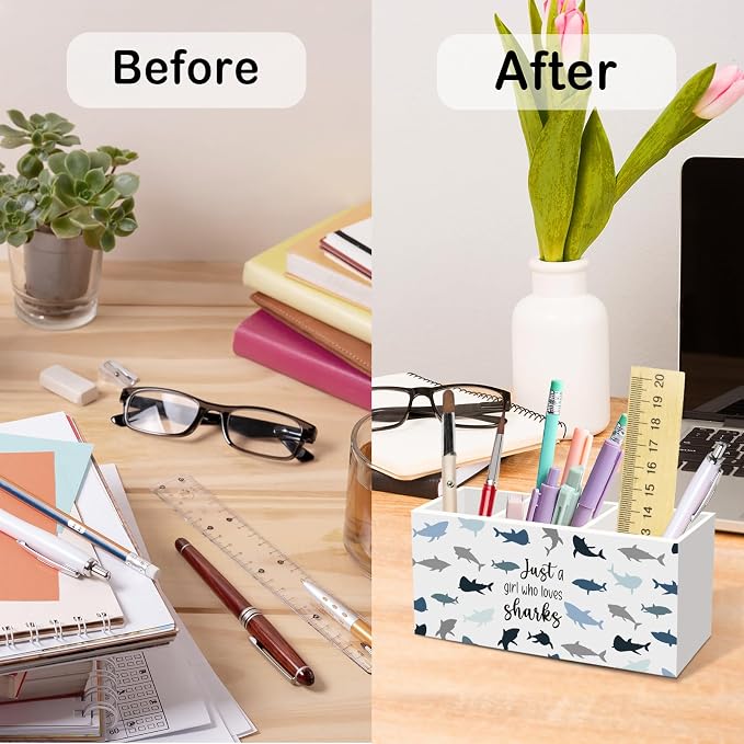 Shark Pen Pencil Holder for Desk, Funny Shark Office Desk Accessories, Sharks Makeup Brush Toothbrush Holders Organizer for Girls Dorm Room Kids Bathroom, Just a Girl Who Love Sharks