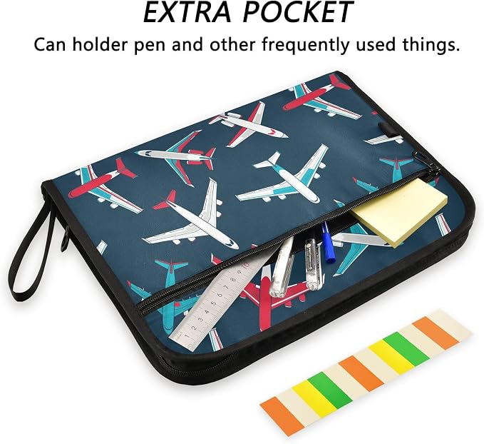 Airplanes Dark Blue File Folders,Plastic Folders with 13 Pockets,Expandable File Folder for Documents School Students Office,Aesthetic Folder with Labels A4 Letter Size