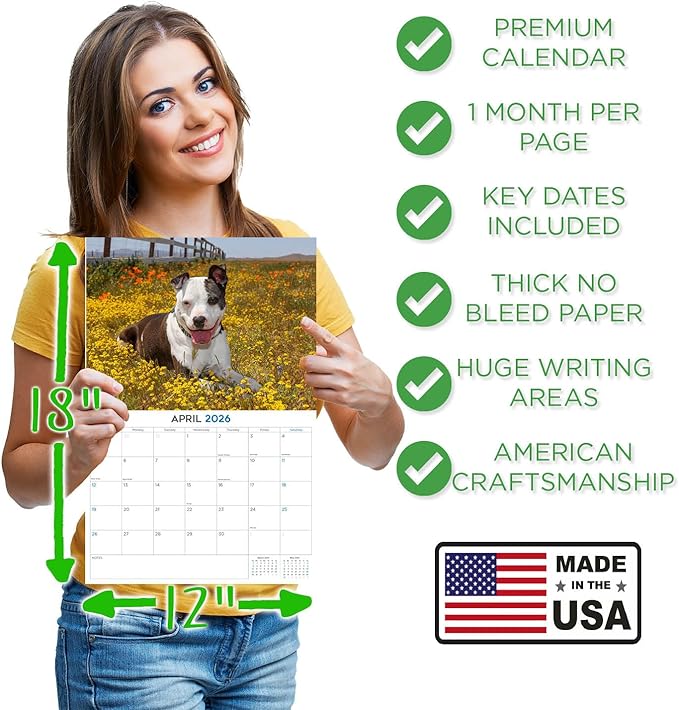 2025 2026 American Pit Bull Terrier Calendar - Dog Breed Monthly Wall Calendar - 12" x 18" Open - Thick No-Bleed Paper - Giftable - Academic Teacher's Planner Calendar Organizing & Planning - Made in USA