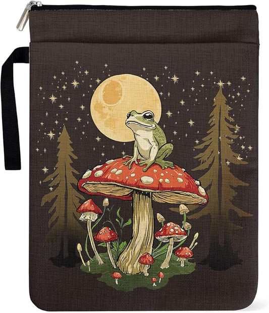 Funny Frog Mushroom Book Sleeve for Book Lovers, Paperback Sleeve for Librarian Lovers Bookish Group Club Gifts for Women, Book Cover with Zipper and Front Pocket for paperbacks 9 x 12 Inch