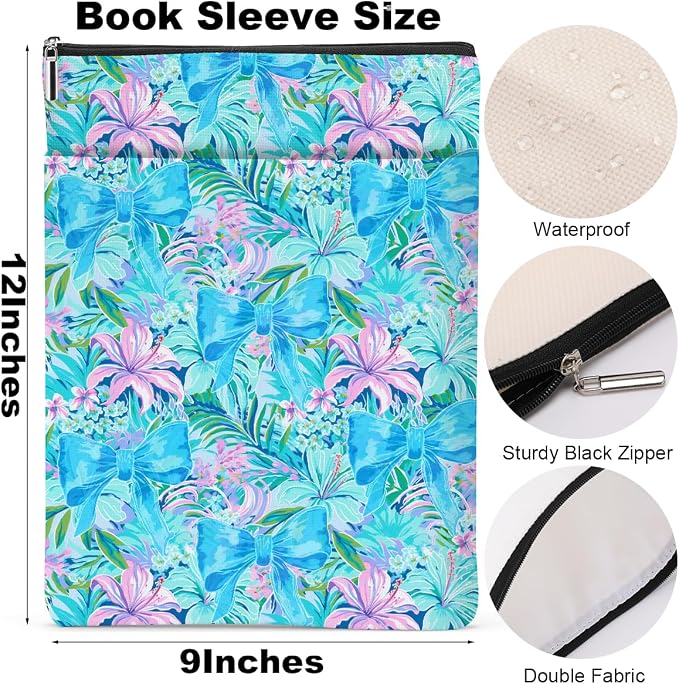 Book Sleeve Book Lovers Gifts Waterproof Books Pouch Protector with Zipper & Pocket Gifts for Women Girls Bookworm Teacher Reader Librarian Birthday Friendship Christmas, Purple Floral Bow Decor