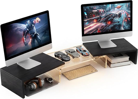Dual Monitor Riser, Acrylic Monitor Riser with Keyboard Storage, Adjustable Angle & Length Computer Monitor Stand, Wide Desk Shelf for Top of Desk for Home Office_Black Maple Look