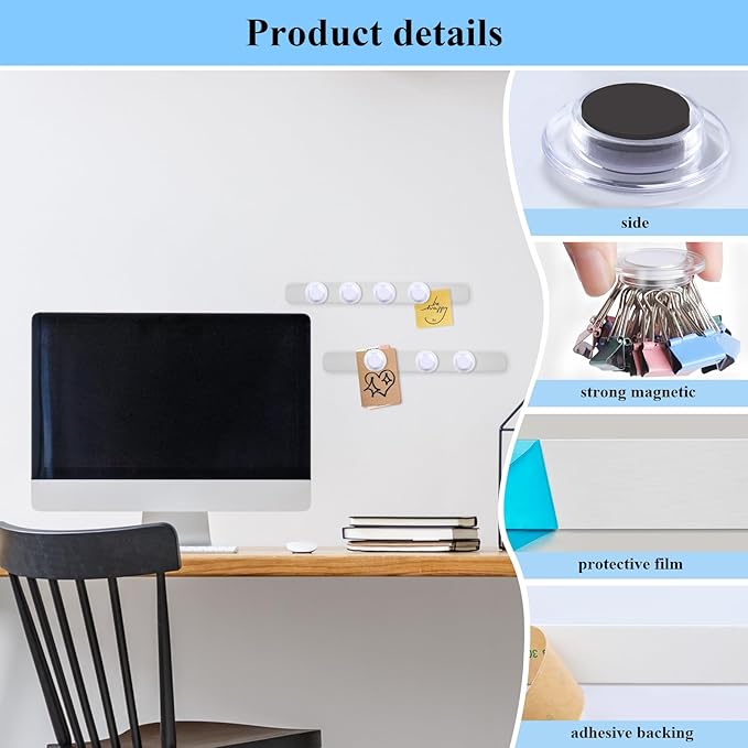Magnetic Board - 4PCS Frameless Stainless Iron Magnetic Strips with Adhesive Backing, Magnet Board for Wall - Magnet Bulletin Memo Board, Includes 7 White Magnets for Office Home School Fridge