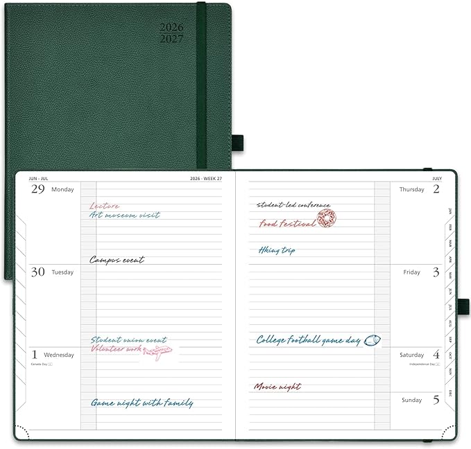 POPRUN Planner 2026-2027 (Large 8.5"x 10.5"), Horizontal Weekly Notebook Jul.2026 - Jun.2027, Academic Appointment Book with Monthly Tabs, Leather Hardcover, Inner Pocket - Forest Green