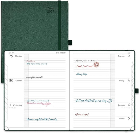 POPRUN Planner 2026-2027 (Large 8.5"x 10.5"), Horizontal Weekly Notebook Jul.2026 - Jun.2027, Academic Appointment Book with Monthly Tabs, Leather Hardcover, Inner Pocket - Forest Green