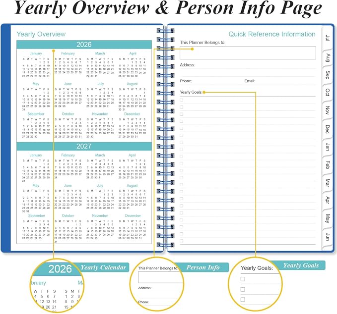 2026-2027 Planner - Planner 2026-2027 from July 2026 - June 2027, Weekly & Monthly Planner Spiral Bound with 12 Monthly Tabs, Inner Pocket, 6.4" x 8.5", Blue-E