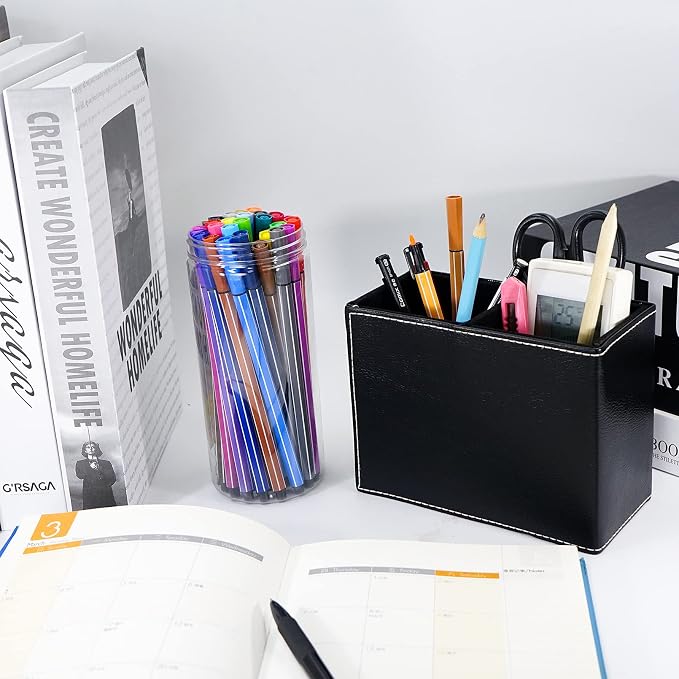 reamsEden PU Leather Pen Holder Cup, 2-Slot Vintage Square Desk Organizer for Office Supplies, Makeup Brushes, Remote Control, Black