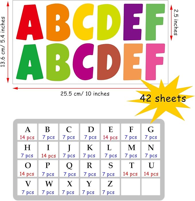 Bemeol 42 Sheets 504 Pieces Letter Stickers Bulletin Board Letters 2.5 Inch Self Adhesive Alphabet Sticker Letters for Poster Board Classroom Crafts Home Decor(Colorful)