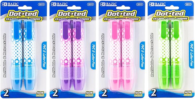 BAZIC Products Retractable Stick Erasers Dot.ted, Mechanical Pencil Eraser, Large Size Click Eraser for Art Drawing Sketching (2/Pack), 24-Packs