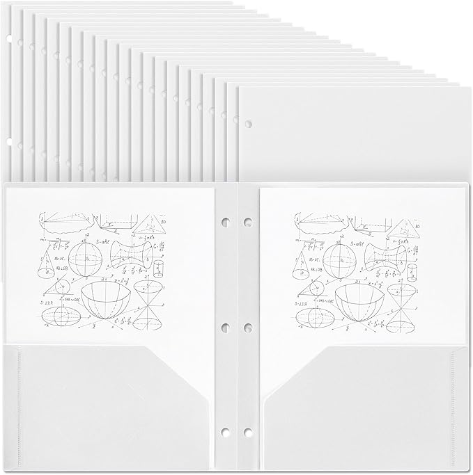 Yeaqee 100 Pcs Plastic Folders with Pockets Bulk 3 Hole Punched 2 Pocket File Folders for 3 Ring Binder Divider Folder for Notebooks, Durable Poly for Office Home (White)