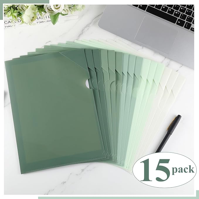Kisston 15 Pack Green Clear Plastic Folders Sleeves Project Pockets for Letter Size 12.1x8.8, L-Shaped Transparent File Jacket for School Office Desk Supplies