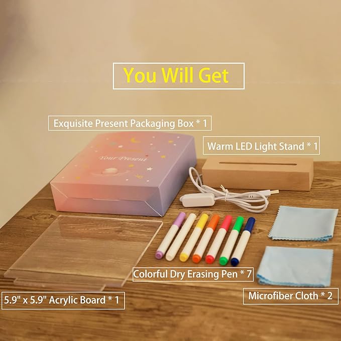 5.9 x 5.9 Inch Warm LED Message Note Board with Colors, Clear Acrylic Light Up Dry Erase Drawing Writing Board with Stand