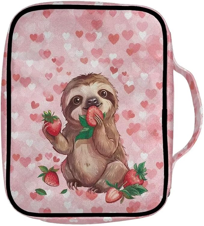 Coldinair Sloth with Strawberry Bible Cover for Women Teens Kid Girls,Carrying Book Case Church Bag Bible Holder with Handle and Zippered Pocket
