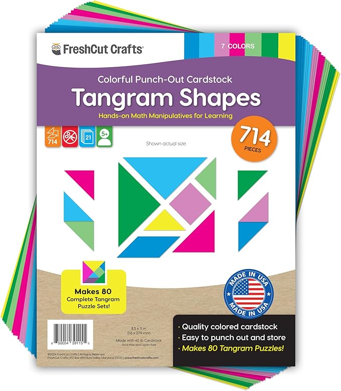 714 Pcs Tangram Shapes Easy Punch-Out Math Manipulatives for Learning Multicolor Triangles, Squares, Parallellograms Easy-Punch Paper Shape Cutouts in 7 Bright Colors US Made Card Stock