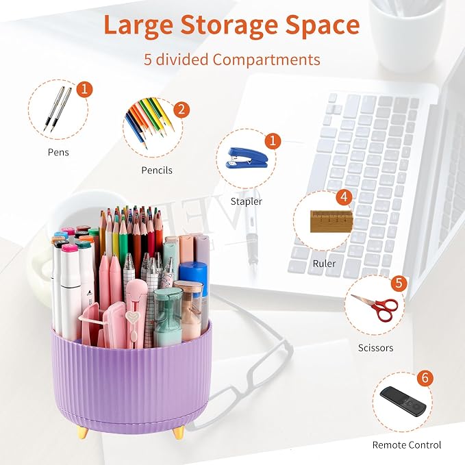 Desk Pencil Pen Holder, 5 Slots 360°Degree Rotating Pen Organizers for Desk, Desktop Storage Stationery Supplies Organizer, Cute Pencil Cup Pot for Office, School, Home, Art Supply, Purple