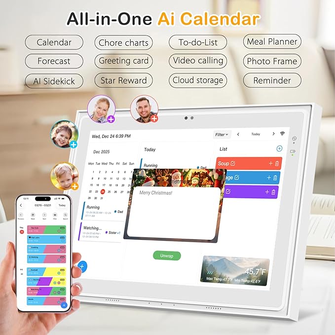 Digital Wall Calendar, 12.3 inch 1920x1280 IPS, Touch Screen Electric Home Organizor, Family Chore Charts and Meal Planner, Interactive Display schedule, Desk and Wall Mounted, Smart Electronic Calendars with Free App