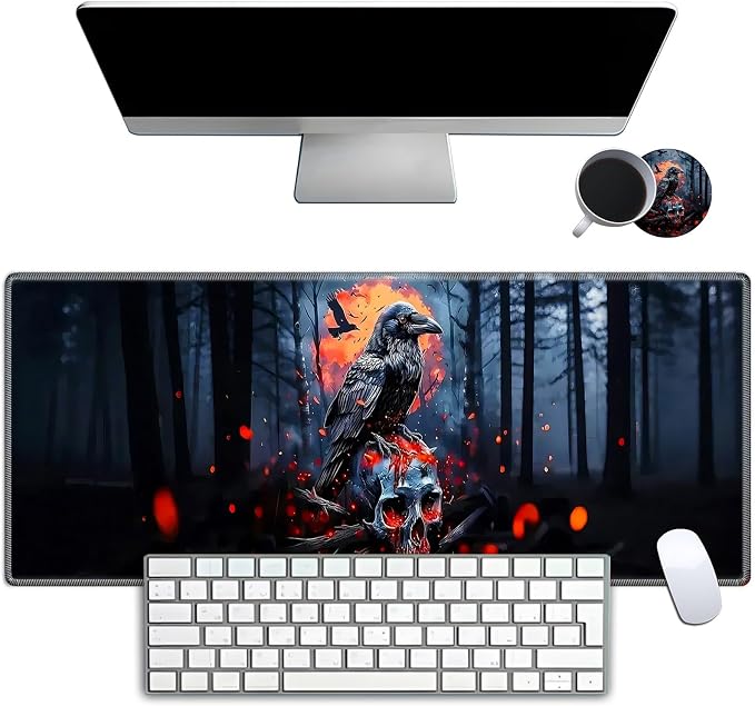 Mouse Pad Gaming Mousepad 31.5x11.8 Inch XXL Large + Coasters,Desk Mat with Stitched Edges, Non-Slip Rubber Base, Thick Mouse Pad for Computer, Laptop, Office & Home - Crow Skull