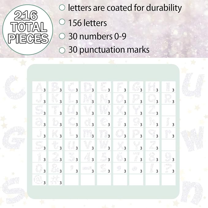 Colarr 216 Pcs Glitter Bulletin Board Letters for Classroom Number Alphabet Punctuation Symbol Cutout 4'' Die-Cut Poster Letter with Adhesive Dot School Party Holiday Decor Display(Iridescence White)