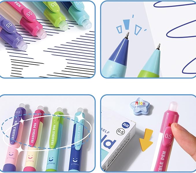 MOZXIRZ 4 Pcs Erasable Gel Ink Pens Cute Retractable Erasable Pens 0.5mm Blue Ink Pen Office School Pens Cute Aesthetic Pens Women Girls Pens Boys Men Pens (Style 3-Blue Ink)