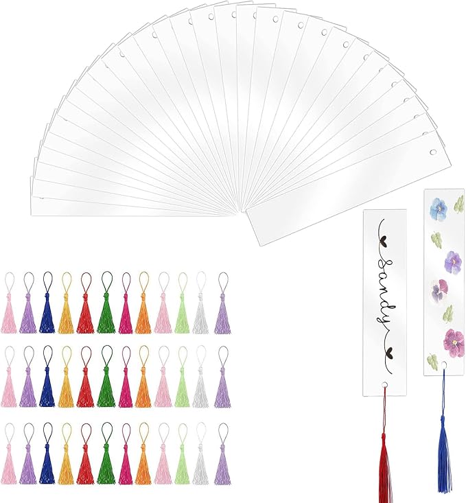 BetterJonny 30Pcs Clear Acrylic Bookmark Set with 36Pcs Tassels - Unfinished Rectangle Book Markers for DIY Projects and Present Tags