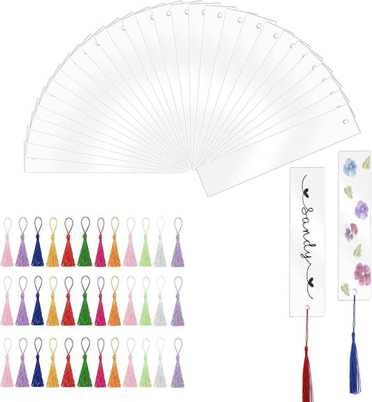 BetterJonny 30Pcs Clear Acrylic Bookmark Set with 36Pcs Tassels - Unfinished Rectangle Book Markers for DIY Projects and Present Tags