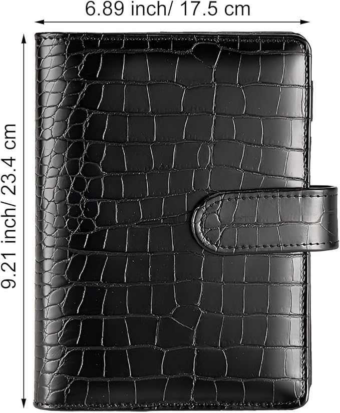 A5 6 Ring Crocodile Binder - Leather Planner Cover Refillable with 80 Lined Sheets for Budget,Journal,Money Organizer -Black