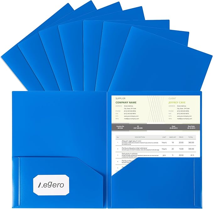 Aegero Plastic Folders with Pockets (7 Pack, Blue), Durable Heavy Duty File Folders with Business Card Slot, 2-Pocket Folder for Schoolwork & Office,Letter Size