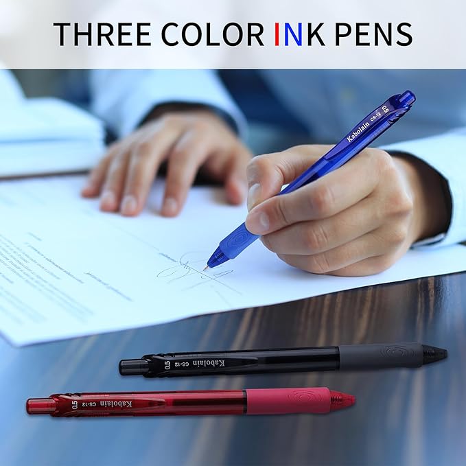 12 Pack Gel Ink Pens, 0.5mm Retractable Ballpoint Pens(Black/Blue/Red), Fine Point Smooth with Soft Grip, Office School Supplies for Writing Men/Teacher