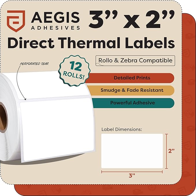 Aegis Adhesives - 3" X 2" Direct Thermal Labels (8400 Count, 12 Rolls) - Perforated Product Price Barcode Stickers for Packaging and Shipping Labels - Compatible with Zebra and Rollo Printers