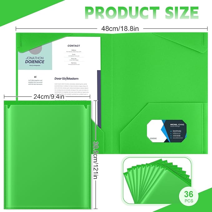 Henoyso 36 Pack Fruit Green Plastic Folders with Clear Front Pockets Heavy Duty File Folders with 2 Pockets and Card Slot for Student Communication School Office Presentation Report
