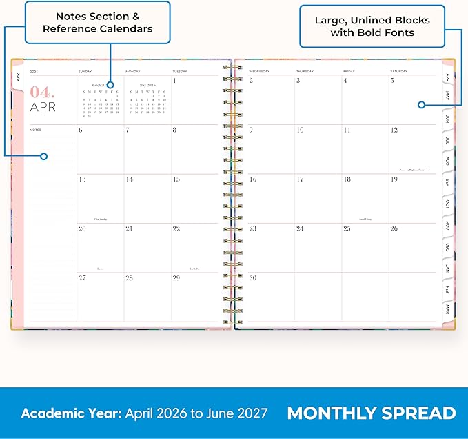 Blue Sky 15 Month 2026-2027 Weekly and Monthly Academic Year Planner Calendar, April 2026 - June 2027, 8.5" x 11", Hard Cover, Wirebound, Laminated Tabs, Storage Pocket, Includes Snap-in Ruler w/Sticky Notes & Sticker Sheet, Nerina