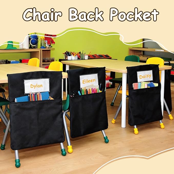 12 Pack 19.5 x 16.5 Inch Student Chair Pockets for Classrooms,Seat Sacks Organizer for K-2 Students to Storage,Chair Back Buddy Pocket with Name Tag Slot, Classroom Must Haves