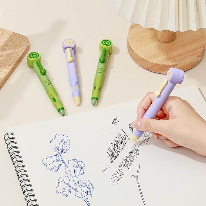Temiary 4 Pcs Cute Retractable Erasable Gel Pens, 0.5 mm Fine Point Blue Ink Pen with 12 Pcs Refills, Make Mistakes Disappear, Writing and Crossword Puzzles for School Office Supplies (Green & Purple)