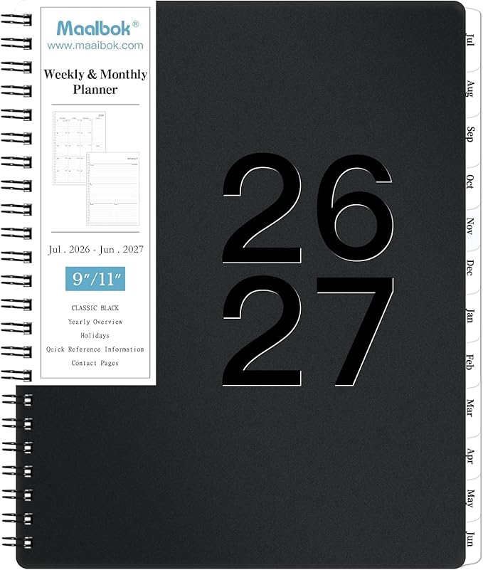 Planner 2026-2027 - Academic Planner 2026-2027, July 2026 - June 2027, 9" x 11" Planner Weekly and Monthly, Calendar Planner, Monthly Tabs, Twin-Wire Binding, Inner Pocket, Premium Paper, Classic Black